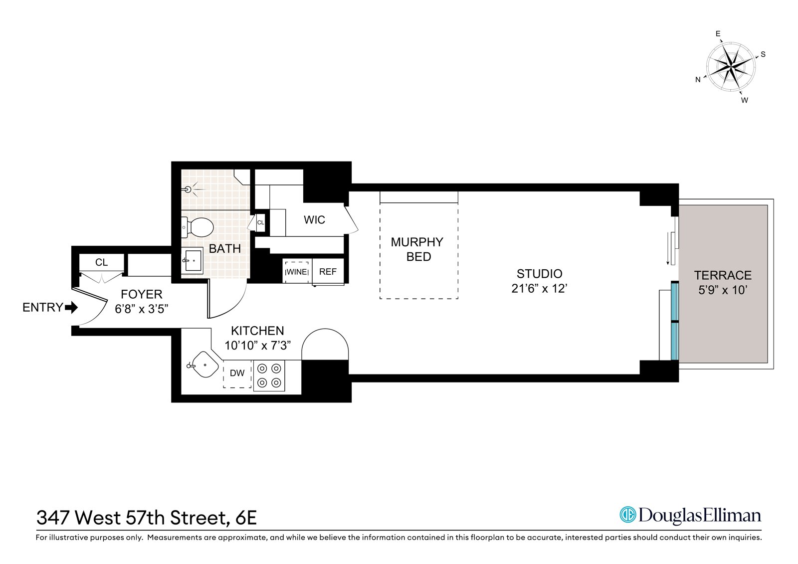 Floor plan of Residence 6E: foyer, eat-in kitchen, bath, walk-in closet, 21'6\